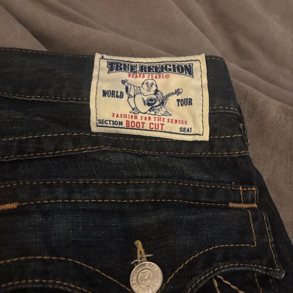 True Religion Men's Indigo Bootcut Jeans with Contrast Stitching